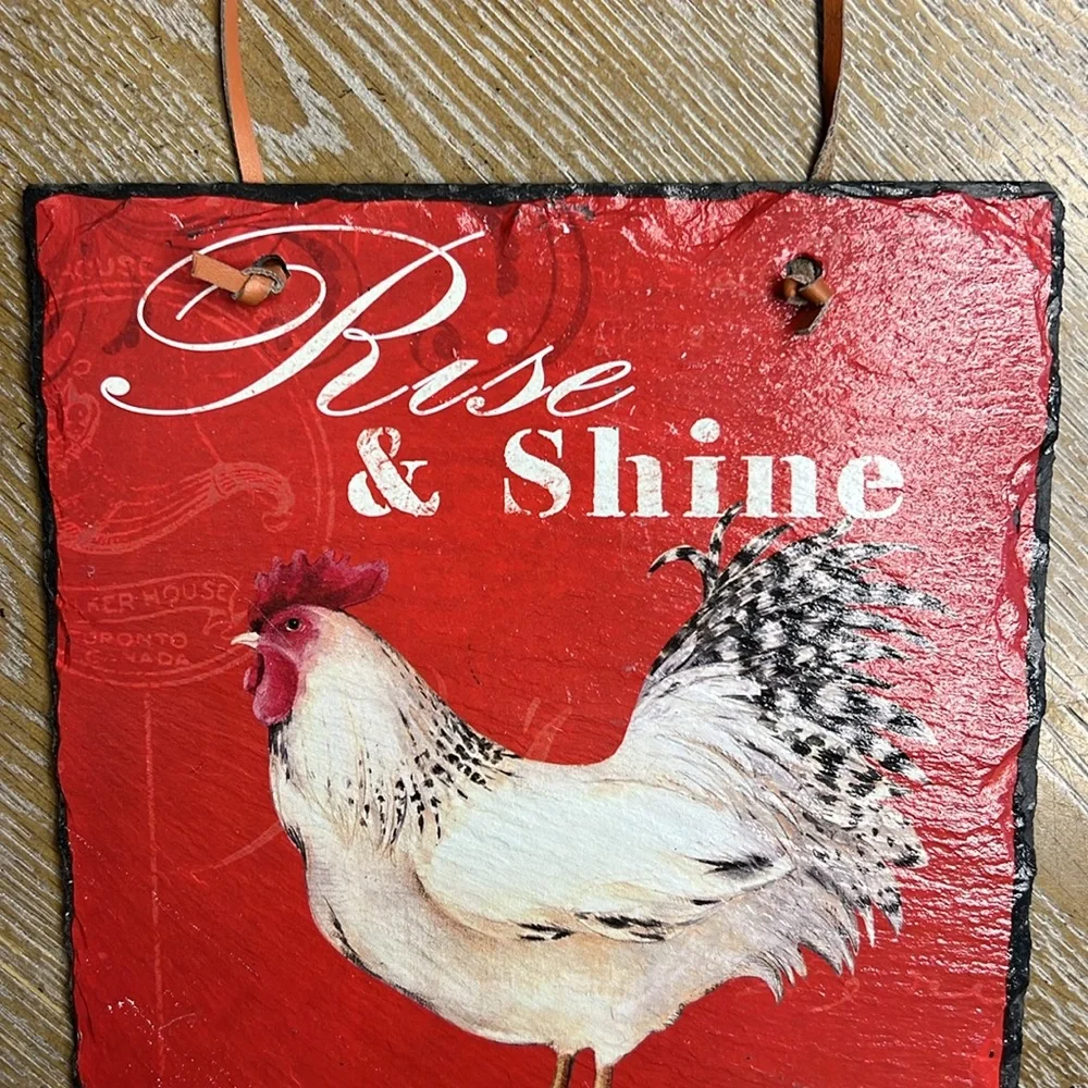 Red Decorative Plaque with Rooster Design ”Rise & Shine and give God the glory”
